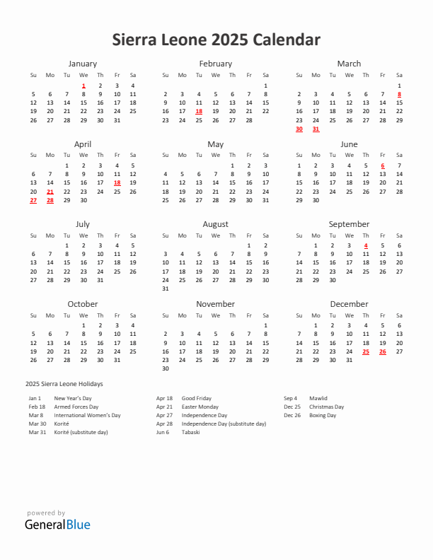 2025 Yearly Calendar Printable With Sierra Leone Holidays