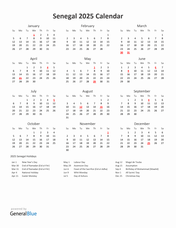2025 Yearly Calendar Printable With Senegal Holidays
