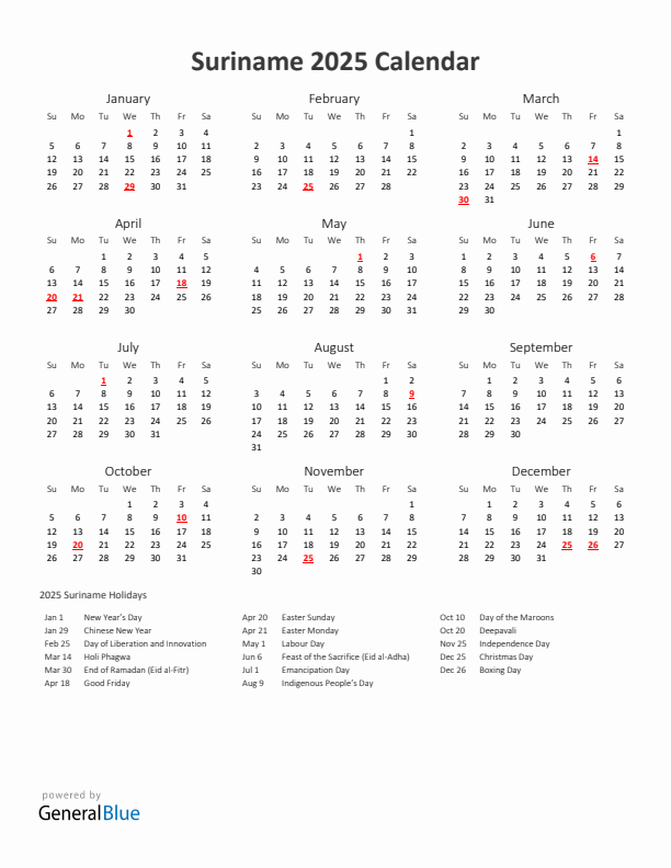 2025 Yearly Calendar Printable With Suriname Holidays