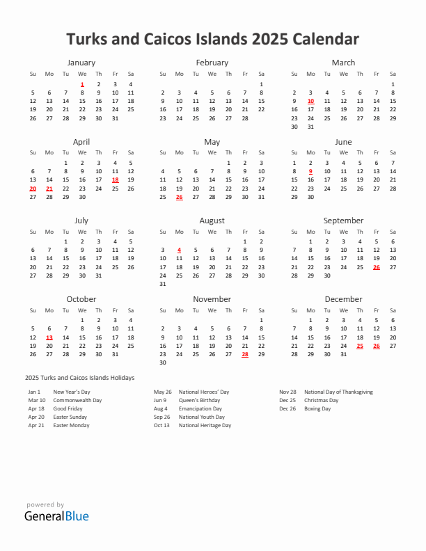 2025 Yearly Calendar Printable With Turks and Caicos Islands Holidays