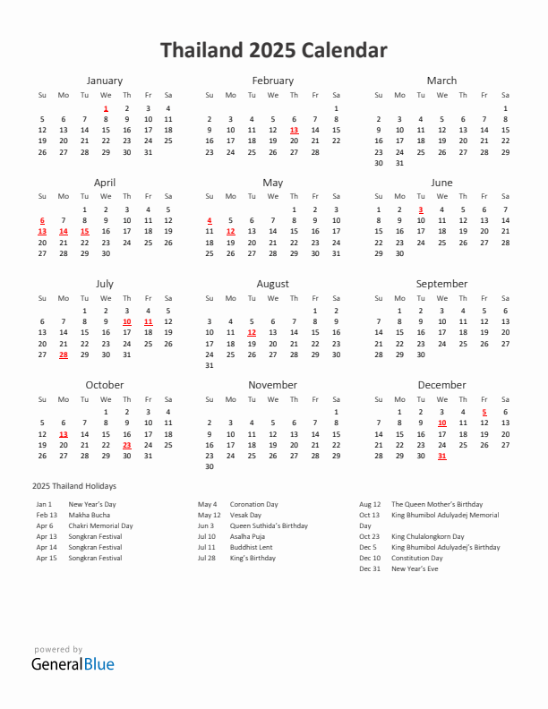 2025 Yearly Calendar Printable With Thailand Holidays