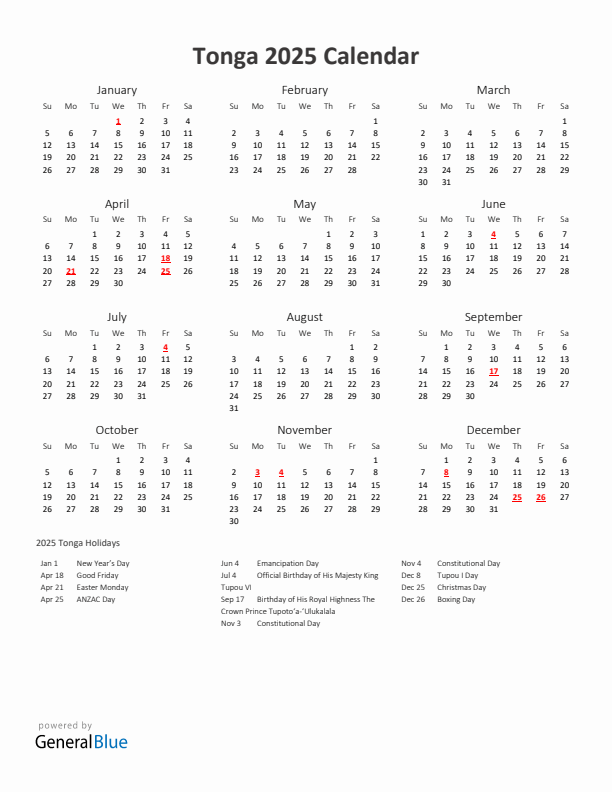 2025 Yearly Calendar Printable With Tonga Holidays