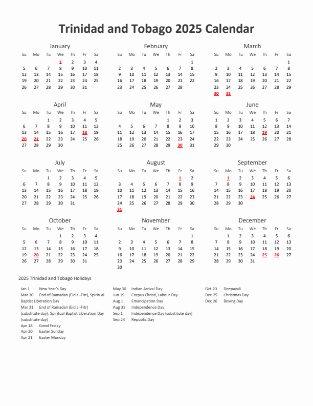 2025 Yearly Calendar Printable With Trinidad and Tobago Holidays