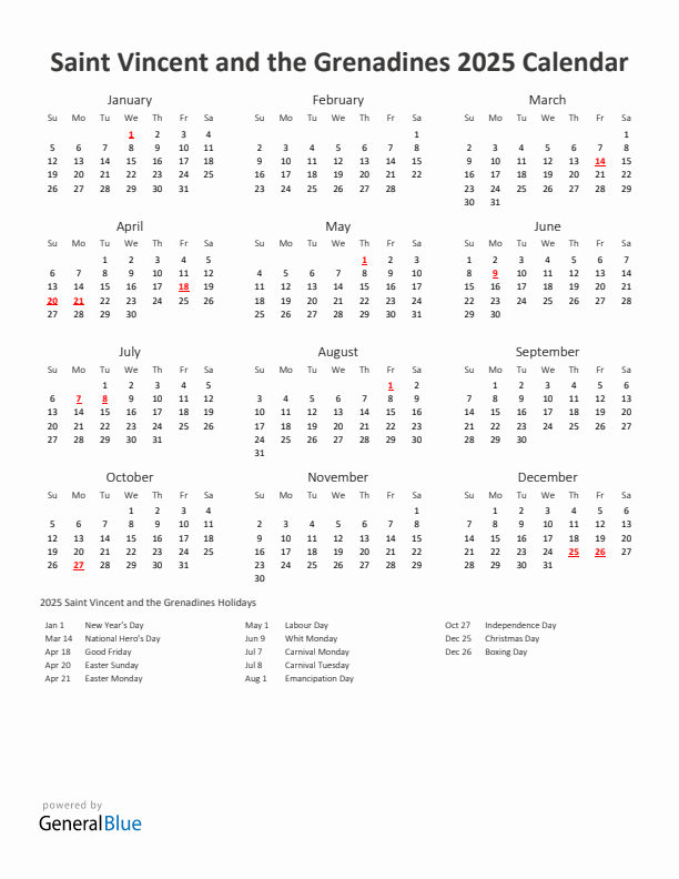 2025 Yearly Calendar Printable With Saint Vincent and the Grenadines Holidays