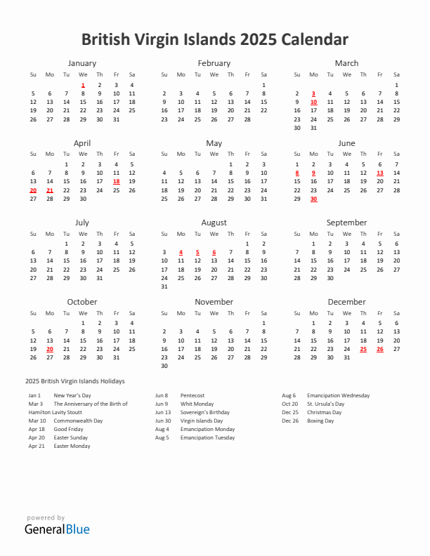 2025 Yearly Calendar Printable With British Virgin Islands Holidays