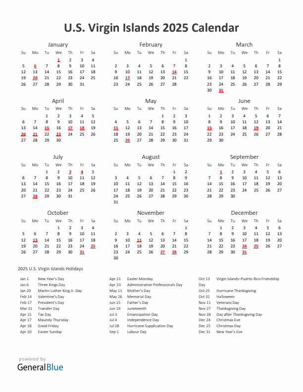 2025 Yearly Calendar Printable With U.S. Virgin Islands Holidays