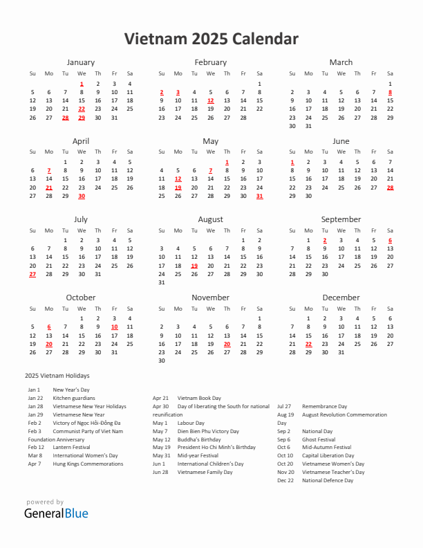 Vietnam 2025 Calendar with Holidays