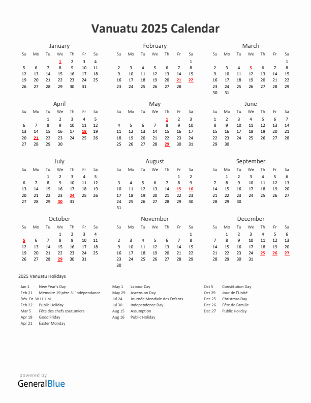 2025 Yearly Calendar Printable With Vanuatu Holidays