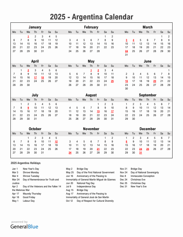 Year 2025 Simple Calendar With Holidays in Argentina
