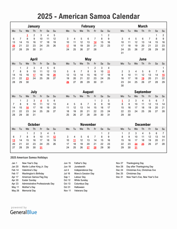 Year 2025 Simple Calendar With Holidays in American Samoa