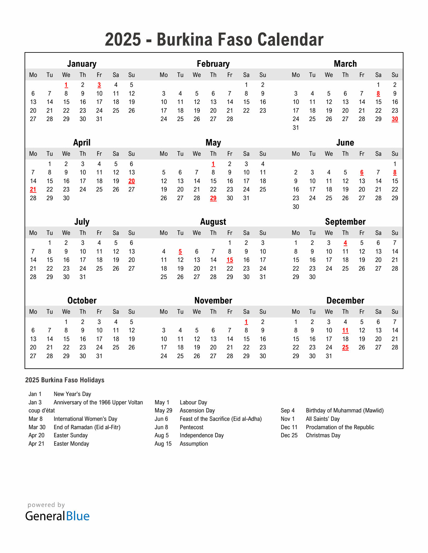 Year 2025 Simple Calendar With Holidays in Burkina Faso