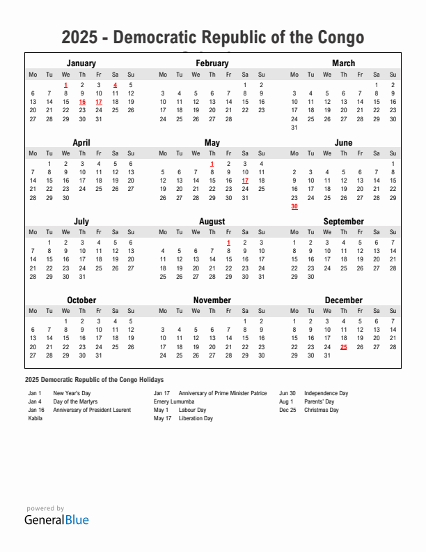 Year 2025 Simple Calendar With Holidays in Democratic Republic of the Congo