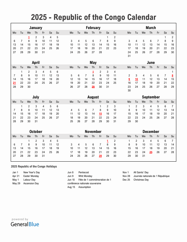 Year 2025 Simple Calendar With Holidays in Republic of the Congo