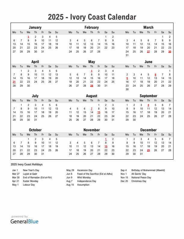 Year 2025 Simple Calendar With Holidays in Ivory Coast