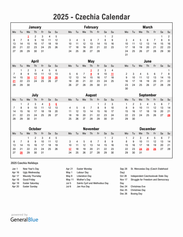 Year 2025 Simple Calendar With Holidays in Czechia