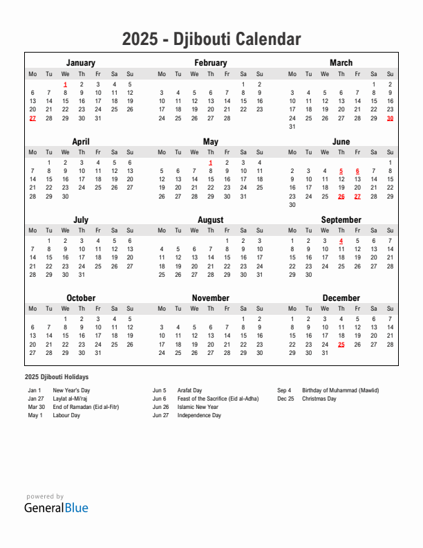 Year 2025 Simple Calendar With Holidays in Djibouti