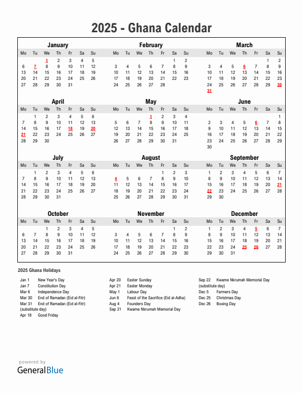 Year 2025 Simple Calendar With Holidays in Ghana
