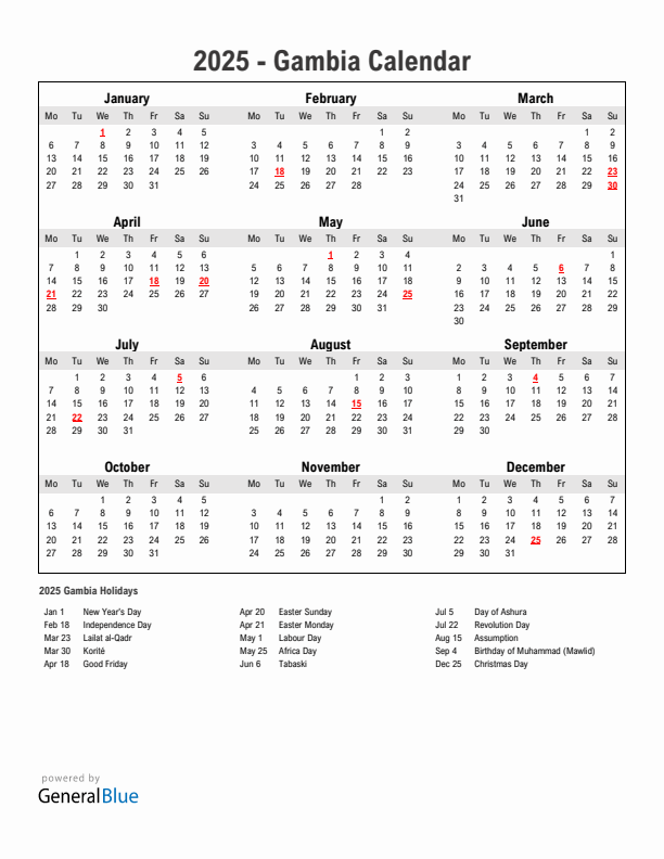 Year 2025 Simple Calendar With Holidays in Gambia