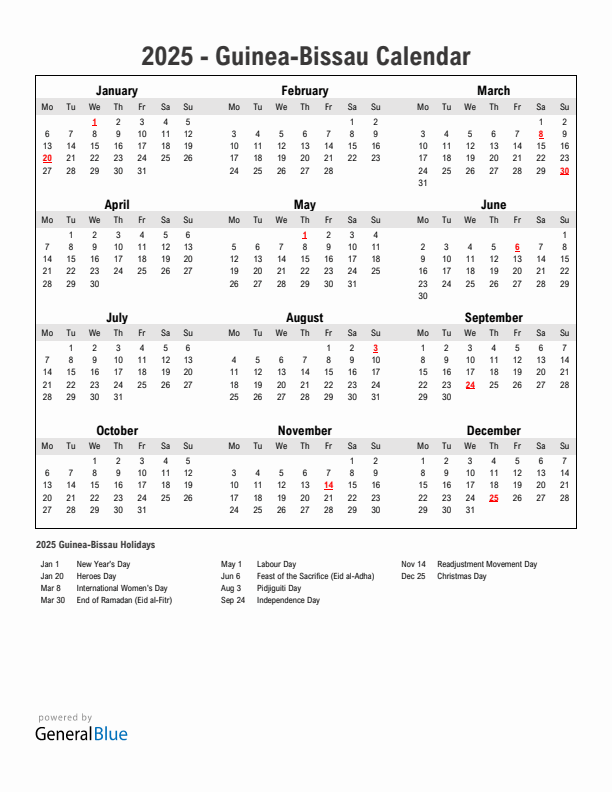 Year 2025 Simple Calendar With Holidays in Guinea-Bissau