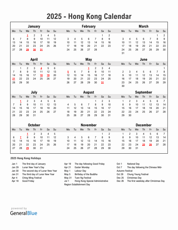 Year 2025 Simple Calendar With Holidays in Hong Kong