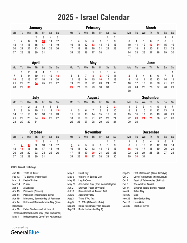 Year 2025 Simple Calendar With Holidays in Israel