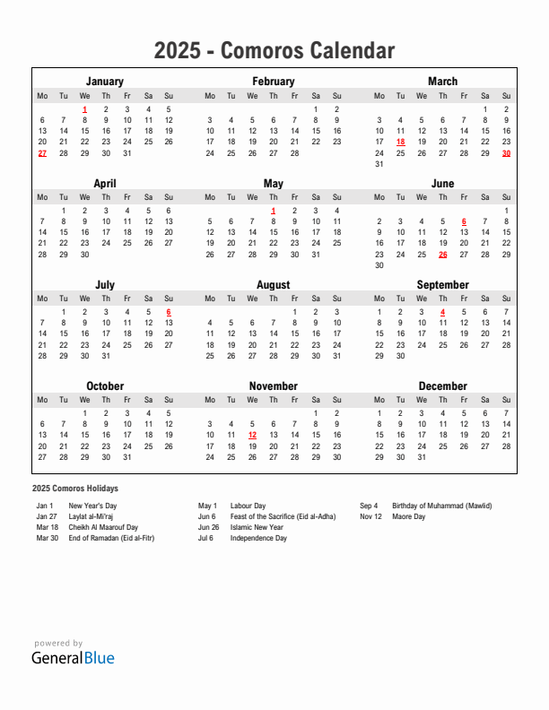 Year 2025 Simple Calendar With Holidays in Comoros