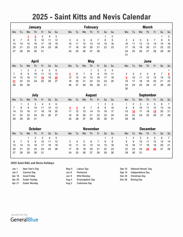 Year 2025 Simple Calendar With Holidays in Saint Kitts and Nevis