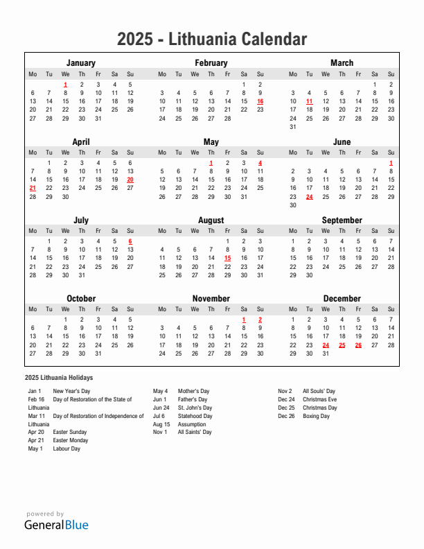 Year 2025 Simple Calendar With Holidays in Lithuania