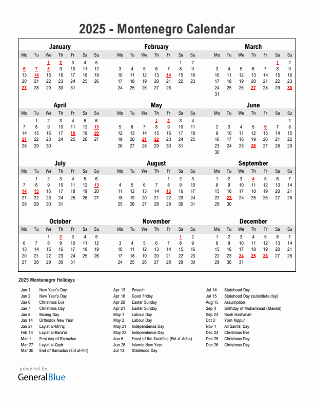 Year 2025 Simple Calendar With Holidays in Montenegro