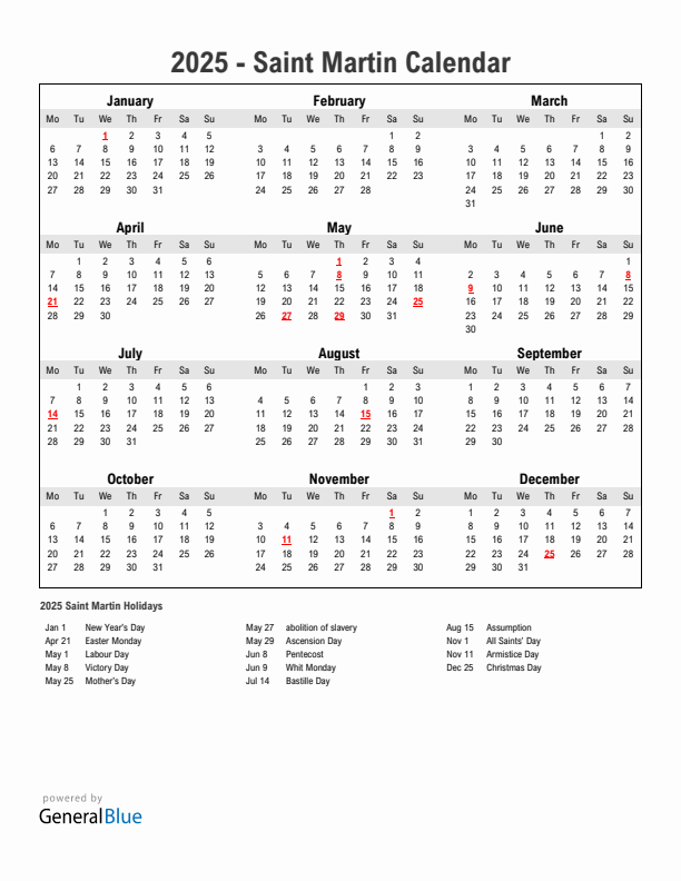 Year 2025 Simple Calendar With Holidays in Saint Martin