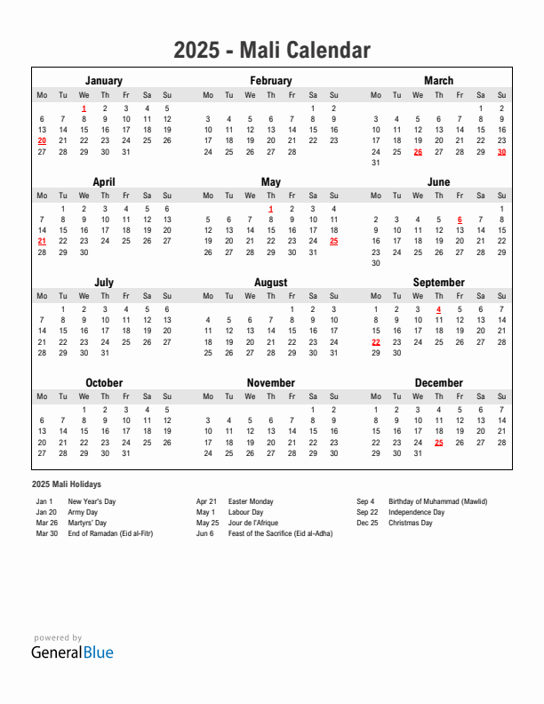 Year 2025 Simple Calendar With Holidays in Mali