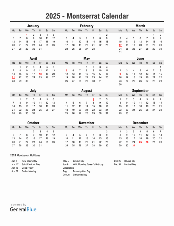 Year 2025 Simple Calendar With Holidays in Montserrat