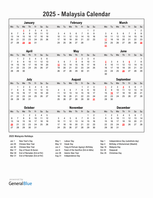 Year 2025 Simple Calendar With Holidays in Malaysia