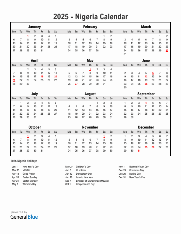 Year 2025 Simple Calendar With Holidays in Nigeria
