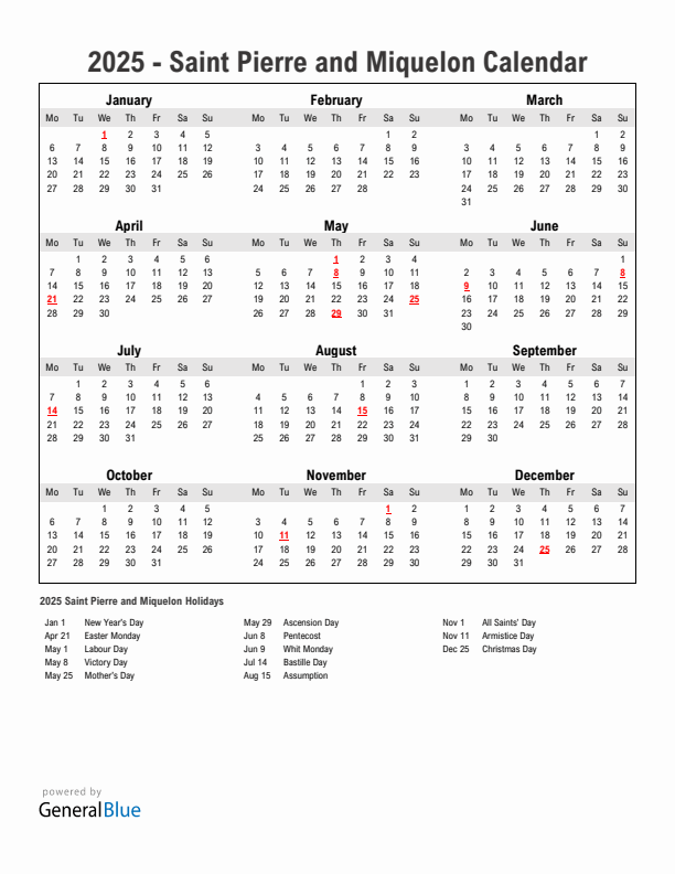Year 2025 Simple Calendar With Holidays in Saint Pierre and Miquelon