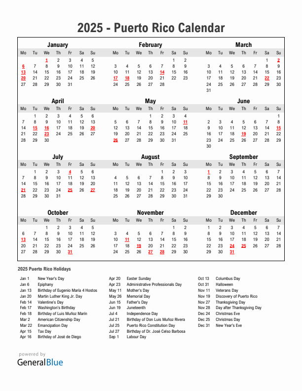 Year 2025 Simple Calendar With Holidays in Puerto Rico