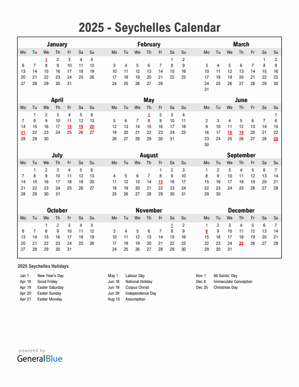 Year 2025 Simple Calendar With Holidays in Seychelles