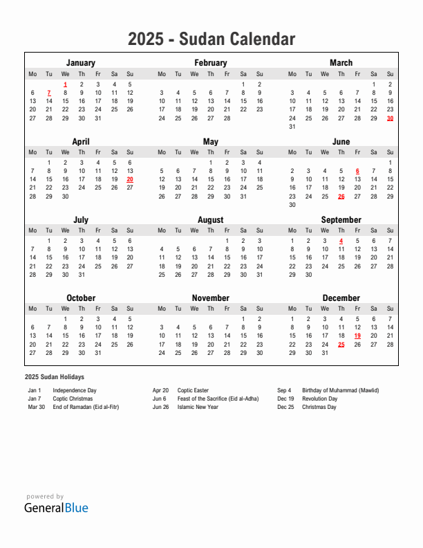 Year 2025 Simple Calendar With Holidays in Sudan