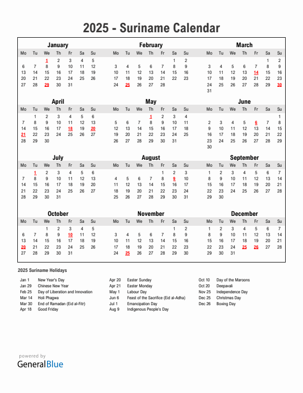 Year 2025 Simple Calendar With Holidays in Suriname