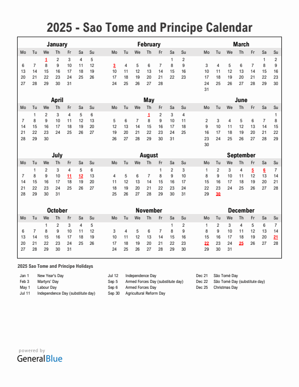 Year 2025 Simple Calendar With Holidays in Sao Tome and Principe