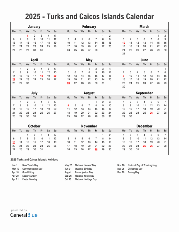 Year 2025 Simple Calendar With Holidays in Turks and Caicos Islands