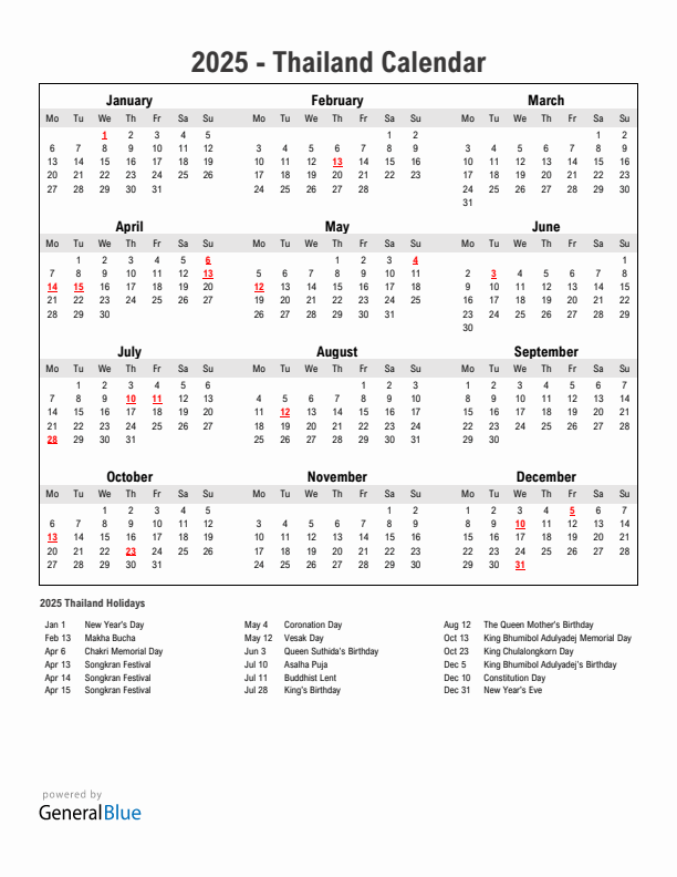 Year 2025 Simple Calendar With Holidays in Thailand