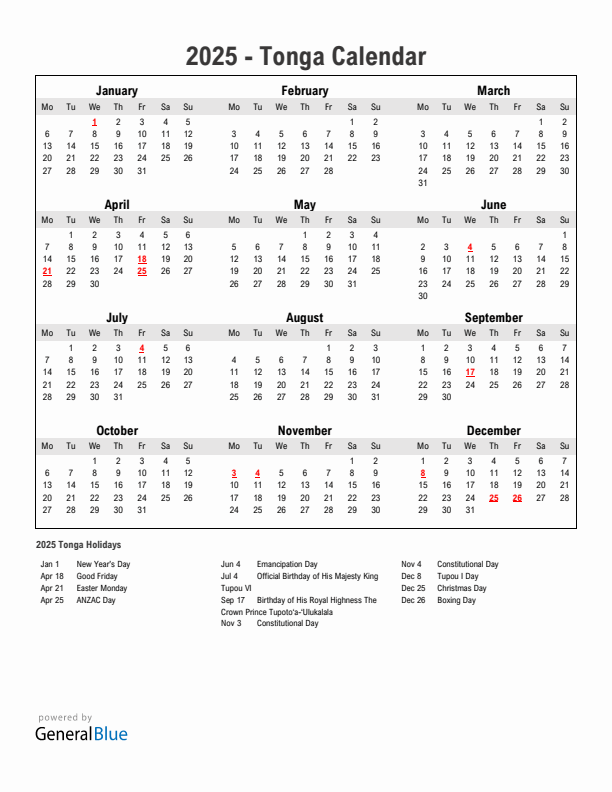 Year 2025 Simple Calendar With Holidays in Tonga