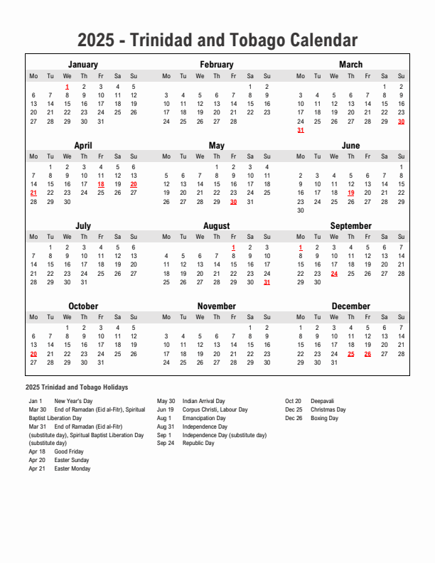 Year 2025 Simple Calendar With Holidays in Trinidad and Tobago