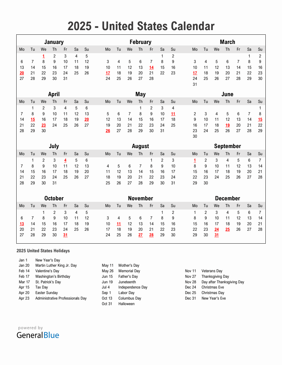 Year 2025 Simple Calendar With Holidays in United States year-2025-simple-calendar-with-holidays-in-united-states