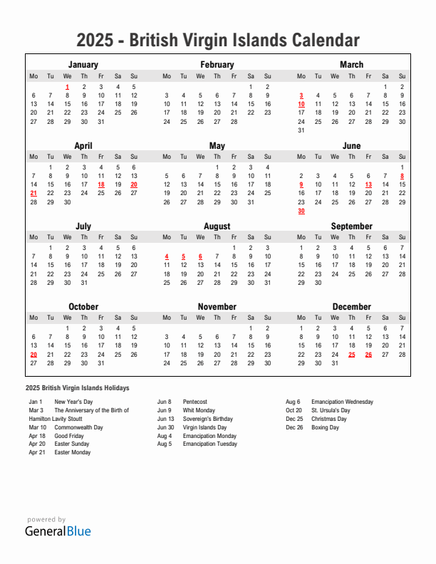 Year 2025 Simple Calendar With Holidays in British Virgin Islands