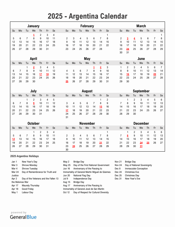Year 2025 Simple Calendar With Holidays in Argentina