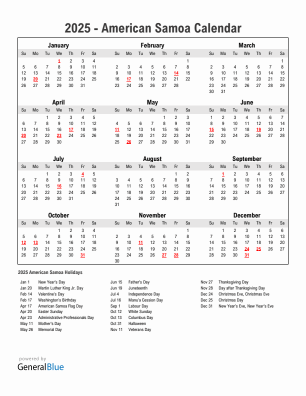 Year 2025 Simple Calendar With Holidays in American Samoa