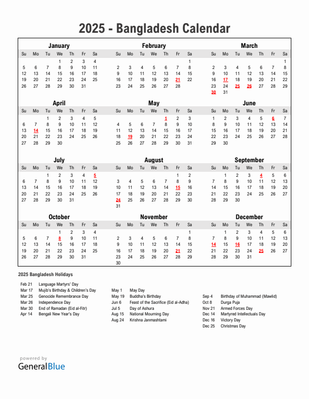 2025 Printable Calendar With Bangladesh Holidays
