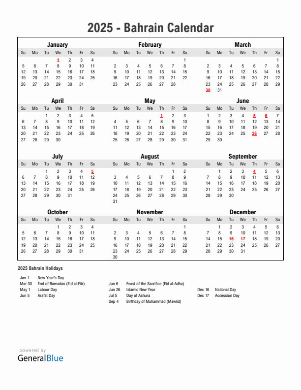 Year 2025 Simple Calendar With Holidays in Bahrain